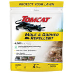 Front photo of Tomcat Mole & Gopher Repellent bag showing brand, running black cat graphic and mole image