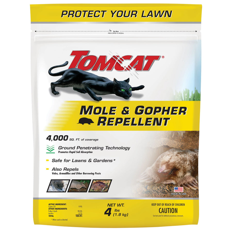 Front photo of Tomcat Mole & Gopher Repellent bag showing brand, running black cat graphic and mole image