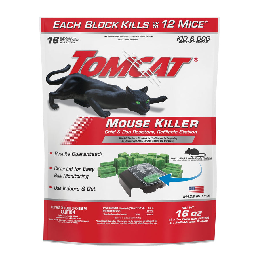 Front of Tomcat Mouse Killer retail pouch showing black cat logo, bait blocks, refillable station and product branding
