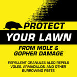 Yellow and black graphic panel reading Protect Your Lawn from Mole & Gopher Damage with small mole silhouette