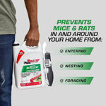 Person holding a Tomcat Rodent Repellent jug with comfort wand and text claiming prevention of mice and rats entering, nesting, foraging