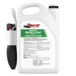 Rear label view of a white Tomcat Rodent Repellent one-gallon jug with attached comfort wand sprayer