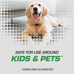 Photographic image of a golden retriever dog above text stating the product is safe for use around kids and pets when directed