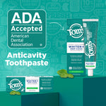 ADA Accepted badge alongside Tom's Whiten+ Deep Clean toothpaste tube and box with 'Anticavity Toothpaste' text