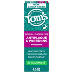 Tall product box for Tom’s of Maine antiplaque & whitening toothpaste in spearmint with turquoise and magenta branding.