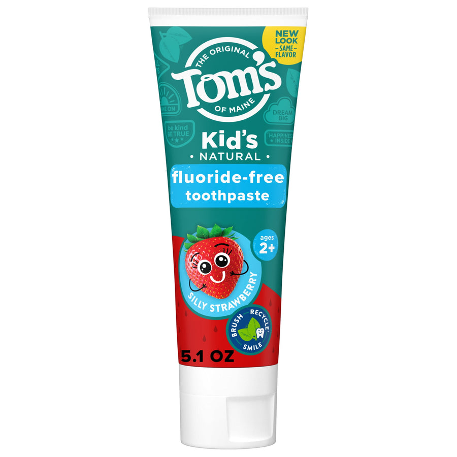 Tom's of Maine Kid's Natural fluoride-free toothpaste tube in silly strawberry flavor with playful strawberry character on front.