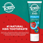 Marketing image showing Tom's of Maine toothpaste tube on teal and red background with large brand logo and “#1 Natural Kids Toothpaste” headline.