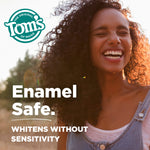 Smiling person outdoors with Tom’s logo and text reading Enamel Safe and whitens without sensitivity