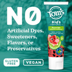 Tom’s of Maine toothpaste tube with bold text claiming no artificial dyes, sweeteners, flavors, or preservatives and vegan badge