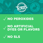 Green graphic panel listing product exclusions: 'No Peroxides', 'No Artificial Dyes or Flavors', 'No SLS' with Tom's branding