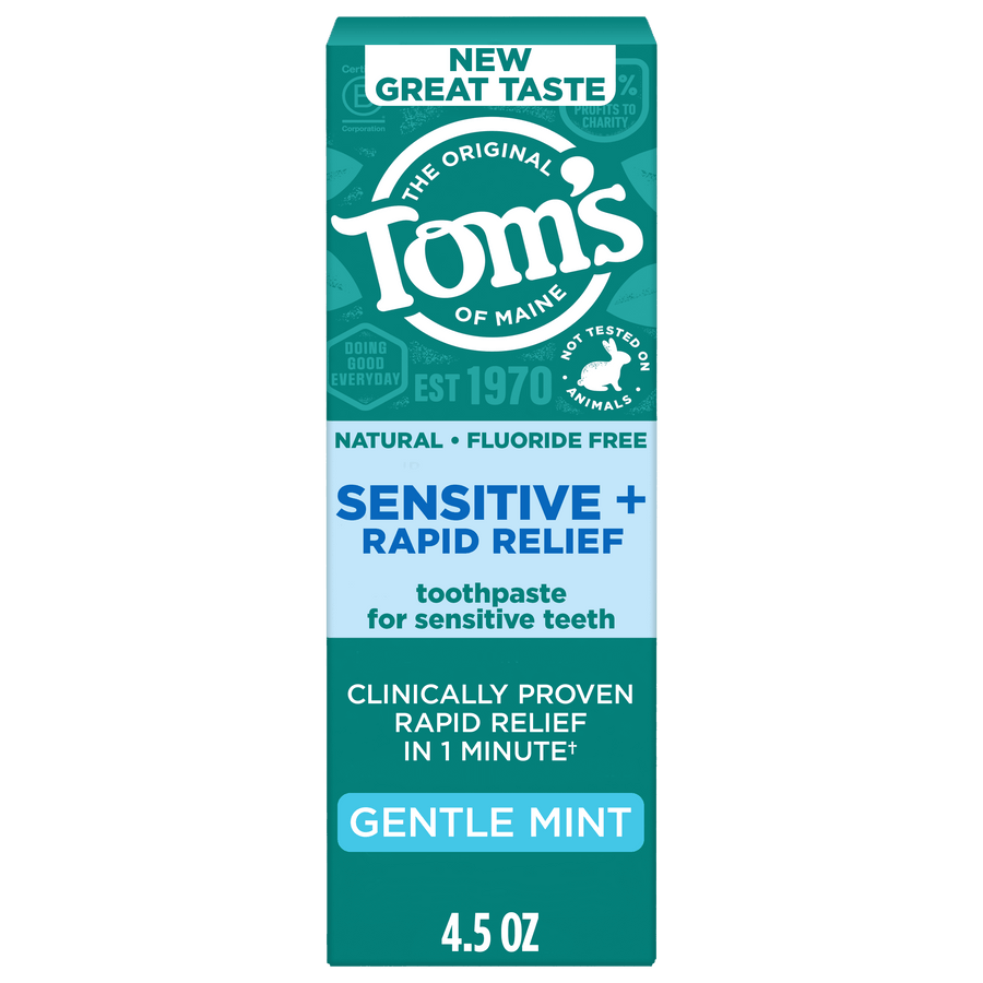 Boxed Tom's of Maine Sensitive + Rapid Relief fluoride-free toothpaste in Gentle Mint, teal packaging showing 4.5 oz