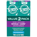 Front-facing cardboard value pack showing Tom's of Maine Whole Care peppermint toothpaste packaging with bold "VALUE 2 PACK" label.