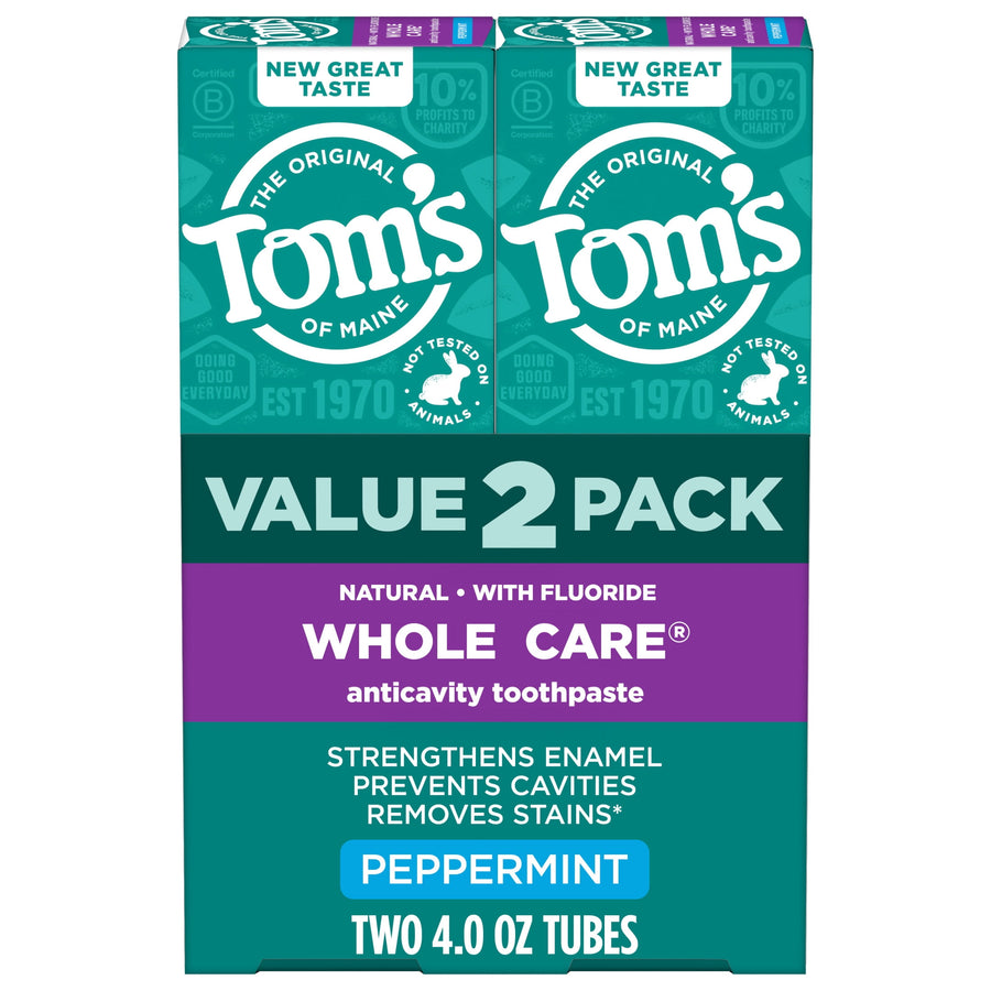 Front-facing cardboard value pack showing Tom's of Maine Whole Care peppermint toothpaste packaging with bold "VALUE 2 PACK" label.