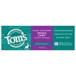Tom’s of Maine Whole Care Wintermint toothpaste box with teal and purple labeling and product claims on front