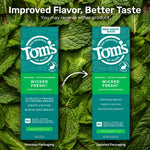 Two Tom's of Maine Wicked Fresh toothpaste boxes on a mint-leaf background showing previous and updated packaging and flavor text.