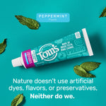 Tom’s peppermint toothpaste tube on teal background with mint leaves and text about nature not using artificial dyes