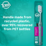 Promotional panel with Tom’s toothbrush and text stating handle made from recycled plastic over 95% recovered