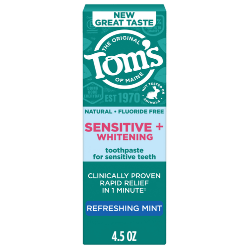 Front-facing boxed Tom’s of Maine Sensitive + Whitening toothpaste package with teal branding and product callouts