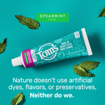 Flat-lay of a Tom’s of Maine spearmint toothpaste tube on a teal background with mint leaves and text about natural ingredients.