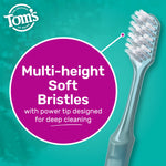 Close-up graphic of a teal Tom’s toothbrush head with text callout highlighting multi-height soft bristles