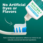 Close-up of toothpaste being squeezed onto a toothbrush from a Tom’s Whiten+ Coconut Oil Gentle Mint tube with text saying no artificial dyes or flavors