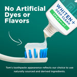 Toothpaste tube being squeezed onto a toothbrush with text 'No Artificial Dyes or Flavors' and Tom's Whiten+ label visible