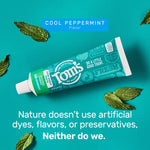 Tom's toothpaste tube on teal background surrounded by mint leaves with text stating nature doesn't use artificial dyes or flavors