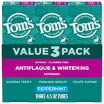 Tom’s of Maine value pack box front for antiplaque & whitening peppermint toothpaste with bold value 3 pack text