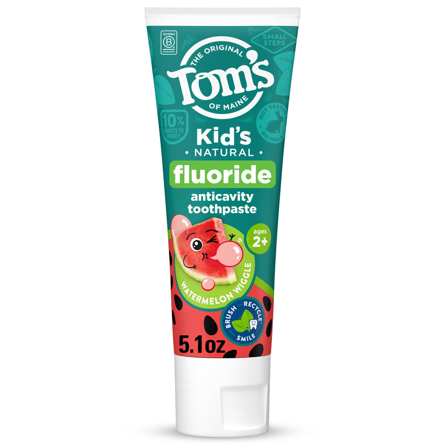Tube of Tom’s of Maine Kid’s fluoride anticavity toothpaste in Watermelon Wiggle packaging