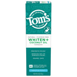 Front-facing Tom’s Whiten+ Coconut Oil Gentle Mint toothpaste box showing product benefits and gentle mint label