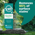 Tom’s Whiten+ Coconut Oil Gentle Mint toothpaste box beside a speech bubble graphic claiming it removes 95% of surface stains