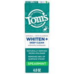 Tall front-facing box of Tom's of Maine Whiten+ Deep Clean spearmint toothpaste with product claims and 4.0 oz label