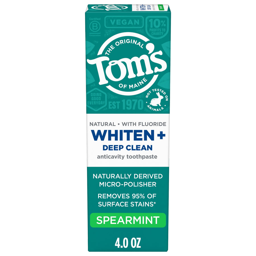 Tall front-facing box of Tom's of Maine Whiten+ Deep Clean spearmint toothpaste with product claims and 4.0 oz label