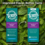 Two Tom's of Maine Whole Care toothpaste boxes on a mint-leaf background showing previous and updated packaging comparison.