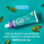 Diagonal tube of Tom's of Maine Whole Care peppermint toothpaste on a teal background with mint leaves and text about natural ingredients.