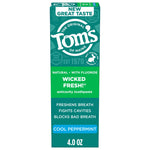 Tom's Wicked Fresh anticavity toothpaste packaging box in teal and green labeled cool peppermint, 4.0 oz