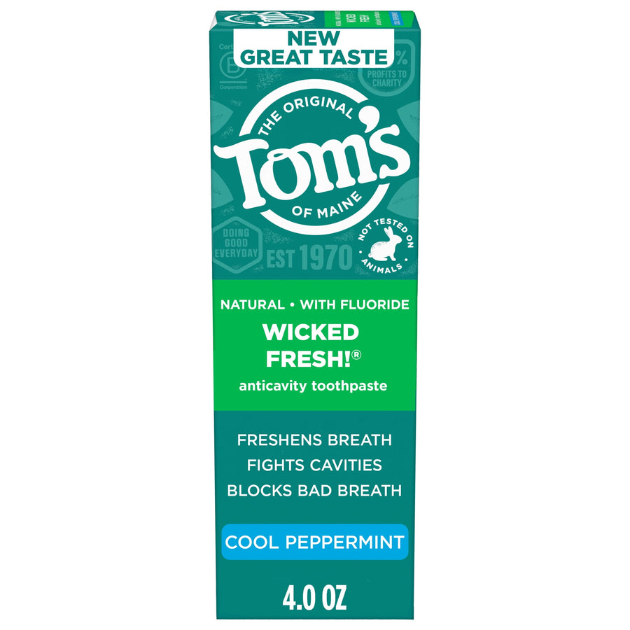 Tom's Wicked Fresh anticavity toothpaste packaging box in teal and green labeled cool peppermint, 4.0 oz
