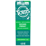 Tom's of Maine Wicked Fresh spearmint ice toothpaste box with green branding and product claims on white background.
