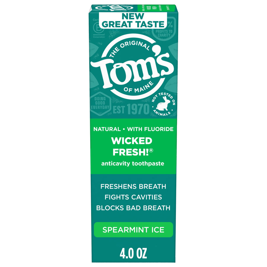 Tom's of Maine Wicked Fresh spearmint ice toothpaste box with green branding and product claims on white background.