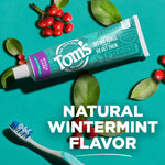 Tube of Tom’s of Maine Wintermint toothpaste styled with green leaves and red berries and a toothbrush on teal background