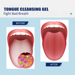 Before-and-after illustrative graphic of a tongue showing bacterial coating on left and a clean tongue on right