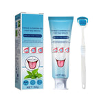 Tube of tongue cleansing gel with matching blue box and a white-and-blue silicone tongue scraper on white background