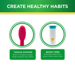 Graphic feature circles highlighting tongue scraper and two-minute brush hourglass timer for kids' toothbrush