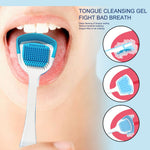 Tongue scraper placed on an open mouth with three circular icons showing scrubbing, rinsing and cleaning actions.