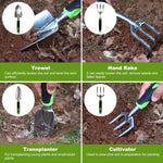 Four-panel usage images showing trowel, hand rake, transplanter and cultivator working in soil with short explanatory captions