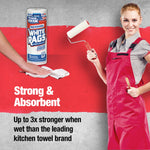 Promotional image of a person in a pink apron holding a paint roller with a ToolBox White Rags product graphic and 'Strong & Absorbent' text.