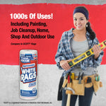 Marketing image showing a person in a tool belt holding a level beside a ToolBox White Rags product graphic and headline about uses.