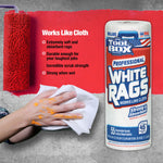 Feature graphic with a paint roller, hands wiping paint and a ToolBox White Rags roll alongside bullet points about absorbency and strength.