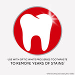 Graphic of a white tooth icon on a red circle with text recommending use with Optic White Pro Series toothpaste to remove stains