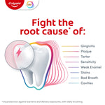 Illustration of a tooth with magnified sensitive area and list of oral issues the product targets